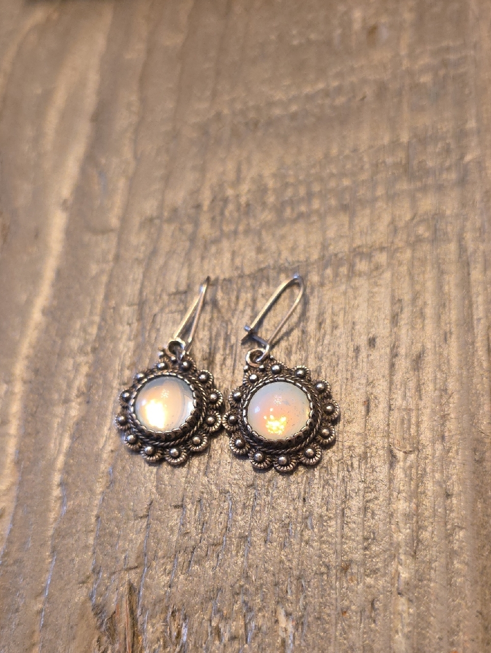 Moonstone Drop Earrings in Iridescent White - Classic Filigree Style